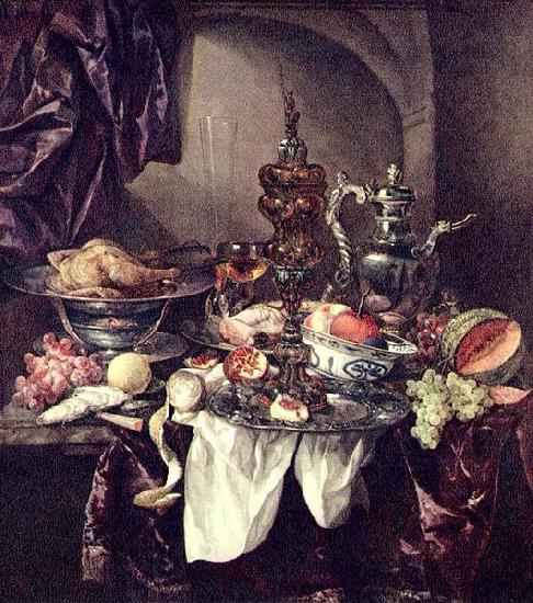 Abraham van Beijeren Still life with fruit, roast, silver- and glassware, porcelain and columbine cup on a dark tablecloth with white serviette. Germany oil painting art